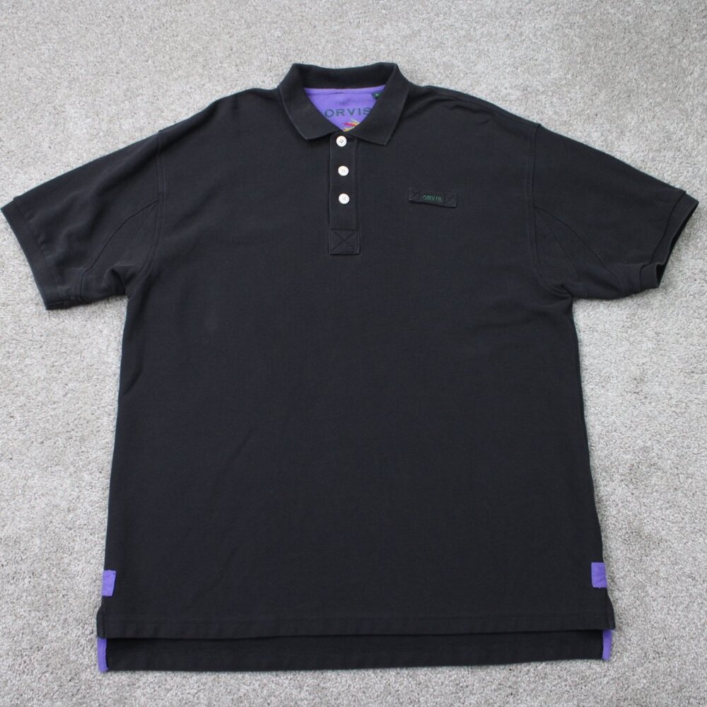 Orvis Signature Polo Shirt Mens Large Black Split Hem 100% Cotton S/S‎ Pullover